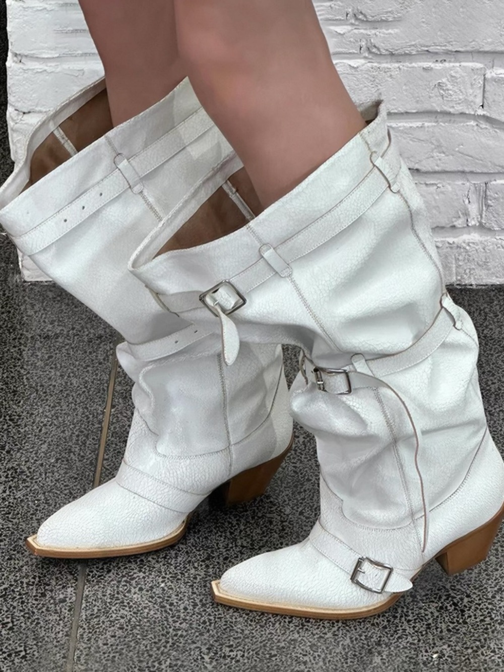White Slouchy Western Knee Boots - Women's Fashion Boots